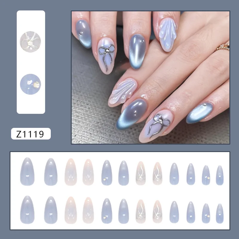 

24pcs Blue Bow False Nail 3D Shimmering Cat's Eye Cool Mist Press-On Nails Short Almond Fake Nail for Women&Girl Nail Art