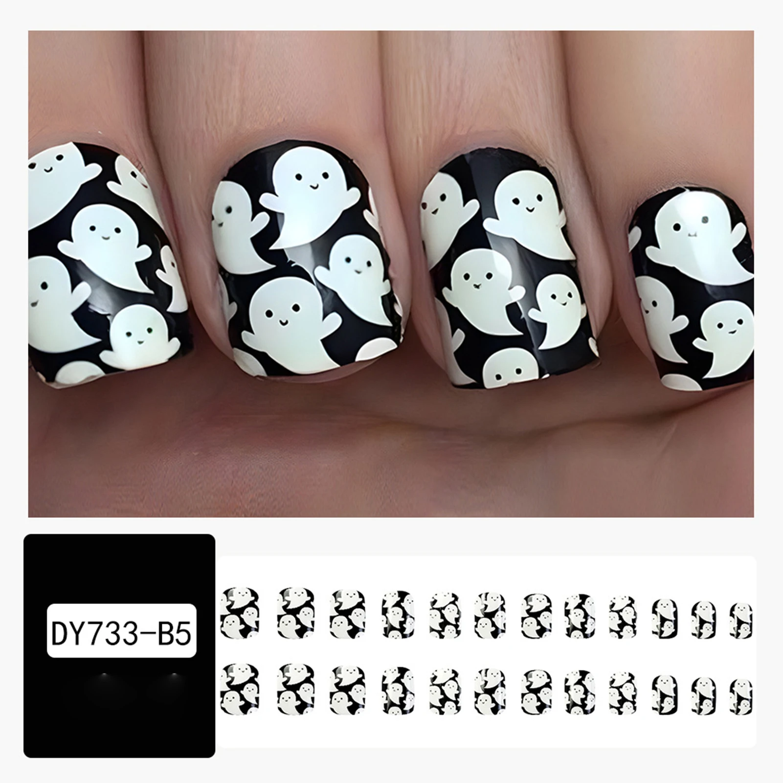 Halloween Cute Ghost Press-on Nail Full Coverage Long Lasting Artificial Nail for Hand Decoration Nail Art