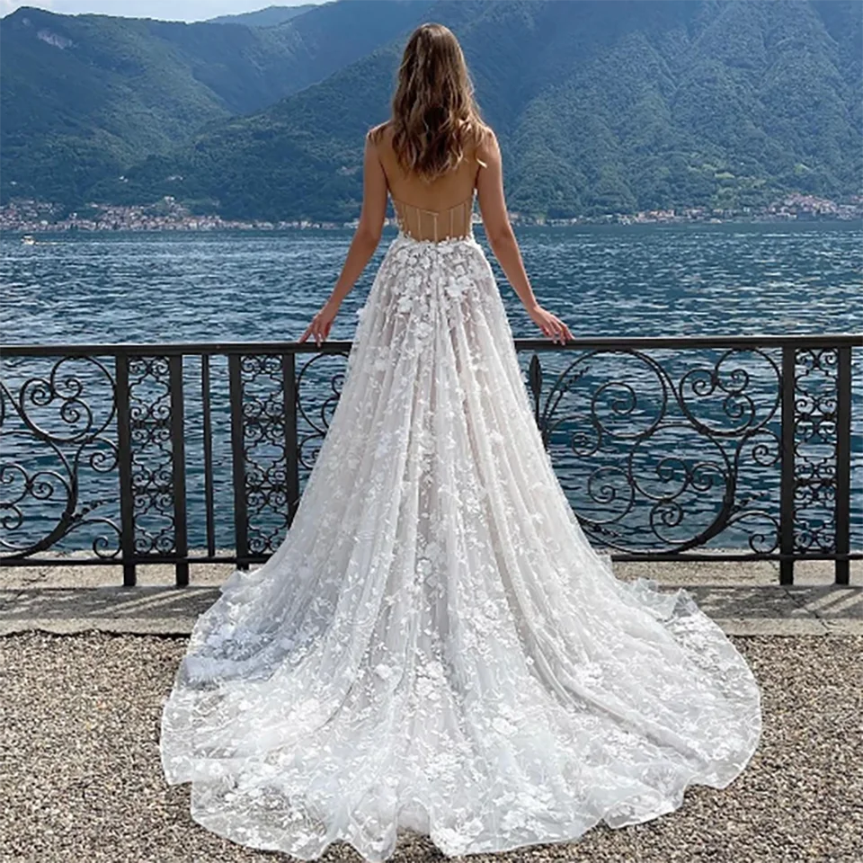 Elegantes vestidos de casamento linha A para mulheres, fenda alta, cintas de espaguete, apliques de renda, costas abertas, vestido de noiva, 2023