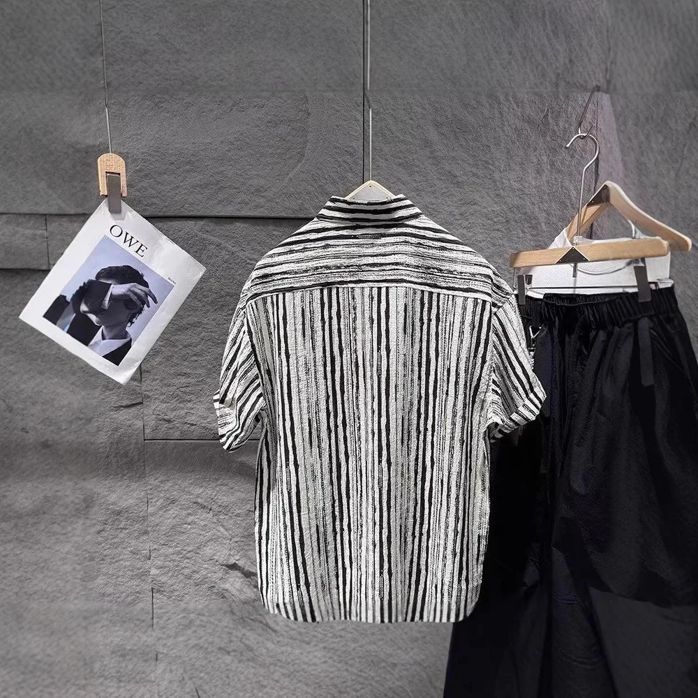 2026 New Summer Short Sleeve Striped Shirt For Men Texture Japanese Style Trendy Casual Handsome Tops Youth Fashion Shirts