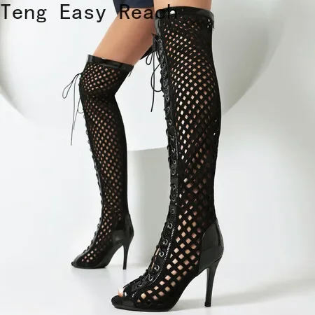 Black Long Boots for Women Summer Sexy Open Toe Over Knee High Boots for Women Lace-up Nightclub Dance Shoes Large Size 48