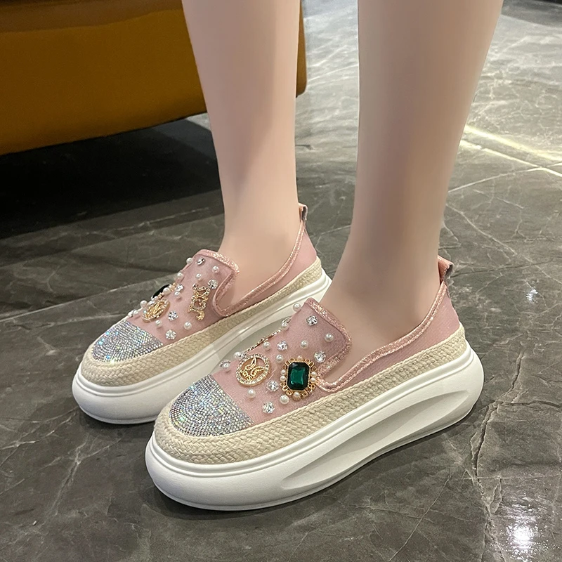 Luxury rhinestone flat shoes with hollowed out single shoes women's summer breathable mesh casual shoes thick soled loafers