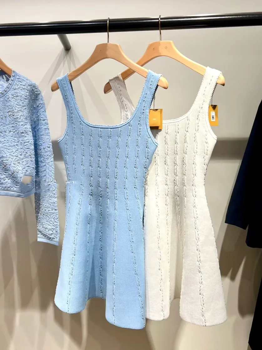 

Элегантное трикотажное платье А-силуэта с завышенной талией и бисером, сексуальное платье миди без бретелек для женщин на летний сезон из Китая