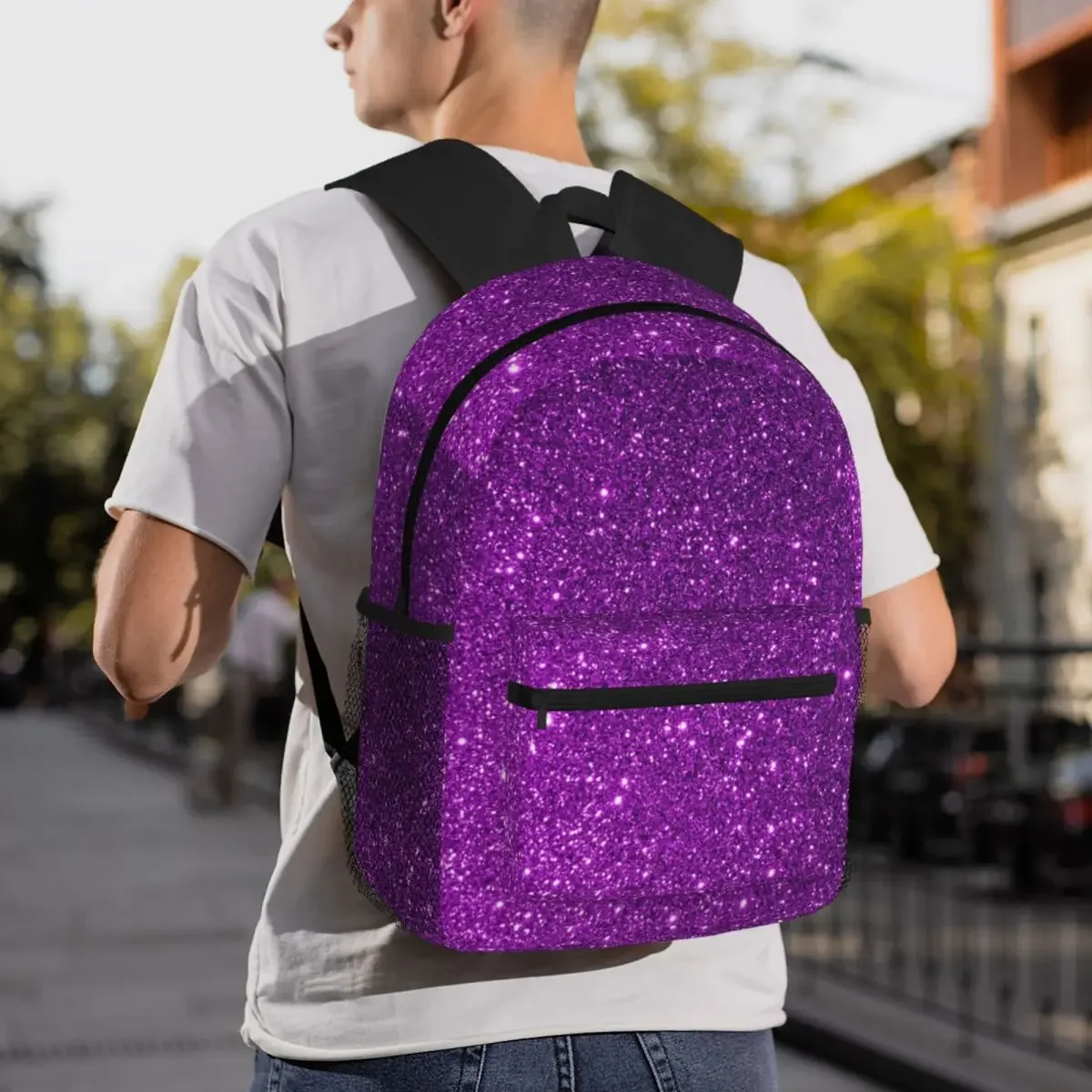 Custom Bag Purple Sparkly Glitter Backpack Daypack Large Capacity Kids BookBag School Bag Shoulder Bags For Men Women