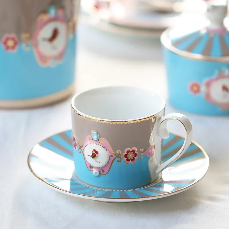 Dutch Pip Studio Aiqingniao Badge Embossed Blue Patchwork Khaki Pot/Cup and Saucer Tea Set Coffee Cup Coffee Set