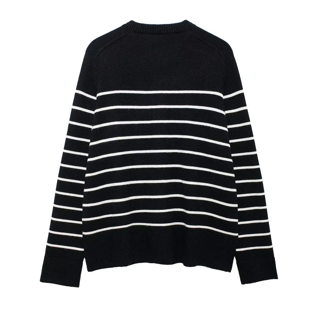 2024 Autumn/Winter New Women Fashion Crew-Neck Single-Breasted Striped Knit Cardigan