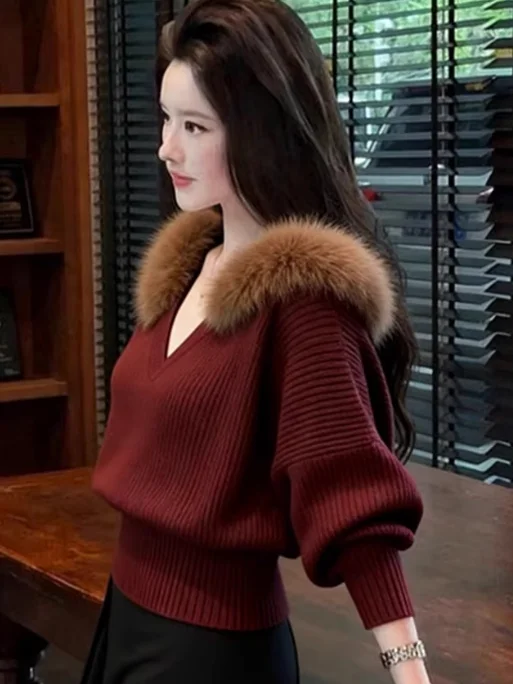 秋冬 レディース Vネック ニットウェア ファッション ラジースタイル ハイエンド ワインレッド ファーカラー セーター ルーズフィット レギュラーサイズ