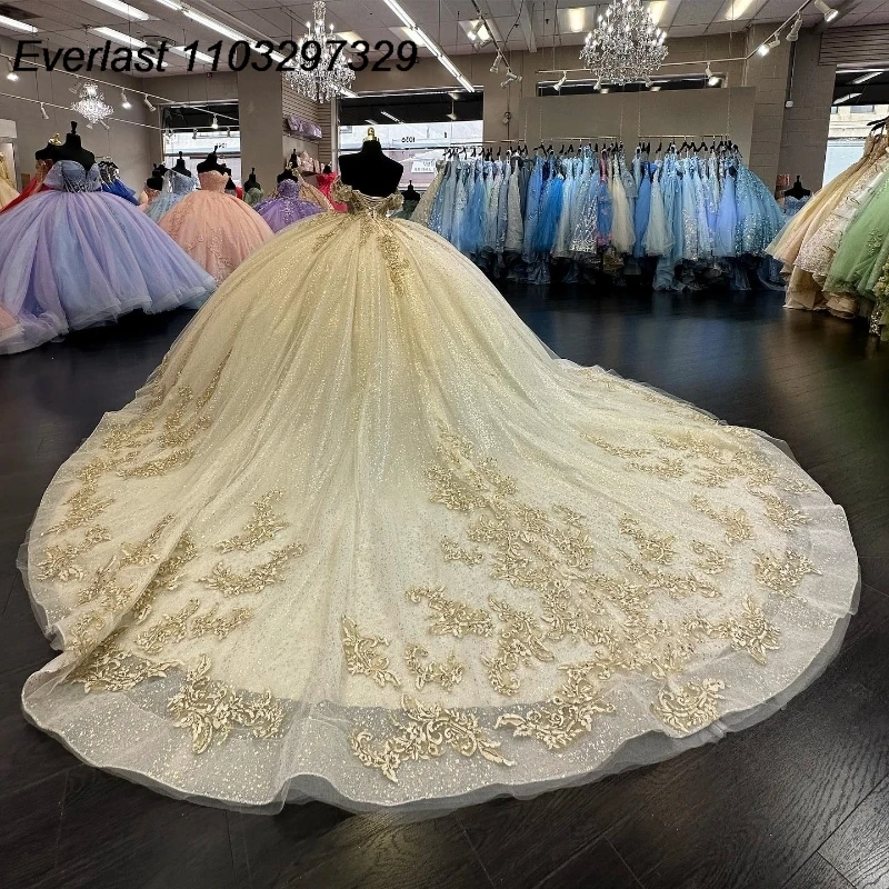 EVLAST gaun dansa gaun Quinceanera sampanye Meksiko korset manik-manik Applique renda mengkilap manis 16 Vestidos De 15 Anos TQD895