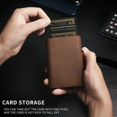 YATBES 남성용 카드 가방 사이드 푸시 자동 팝업 3 접는 RFID 도난 방지 브러시 금속 지갑 초박형 카드 가방