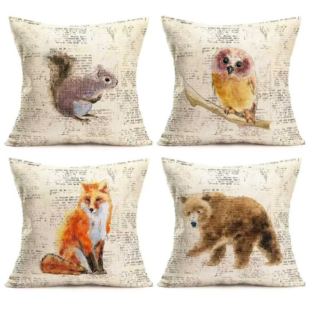 Fox, squirrel, owl, bear printed linen pillowcase, living room sofa cushion cover, home decoration throw pillow covers 40x40 Cow