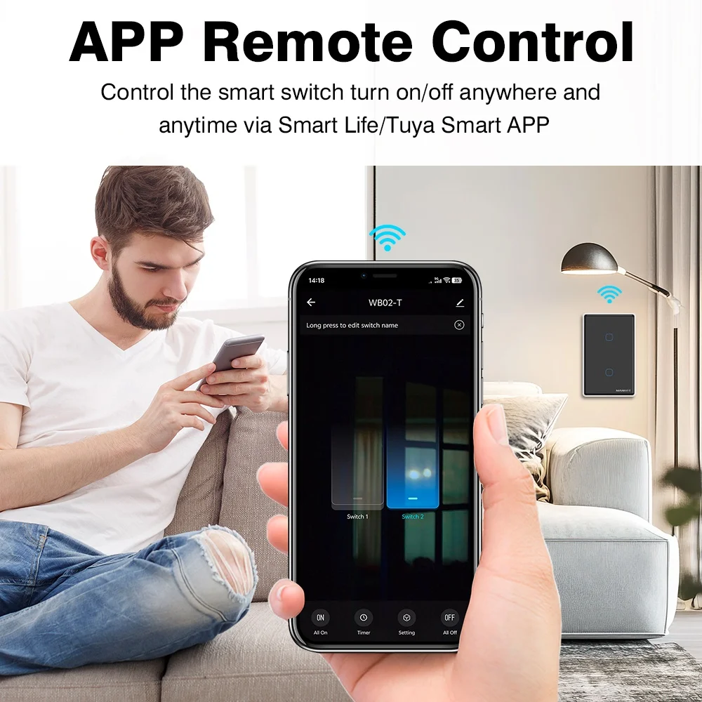 WiFi US Smart Light Switch Neutral Wire/No Neutral Wire Required Wall Touch Switch App Control Work With Tuya Alexa Google Home