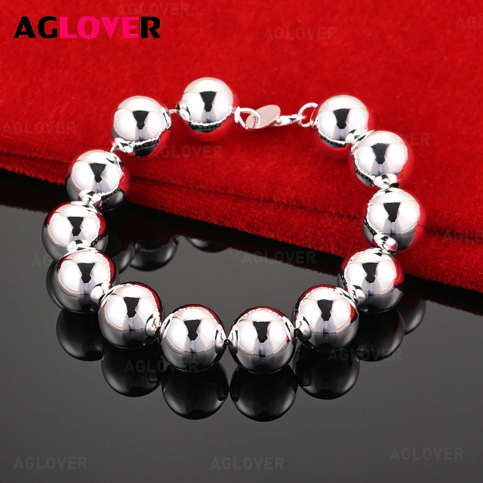 

AGLOVER 925 Sterling Silver 14mm Grape Bead Smooth Bead Chain Bracelet Women Charm Fashion Party Jewelry