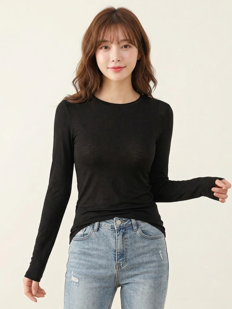 Hochwertige Elastische Basic Einfarbige Langarm-T-Shirts Schlichte Baumwoll-Damen-T-Shirts Lässige Oberteile Koreanischer Stil Dünnes O-Ausschnitt T-Shirt – Detail 1
