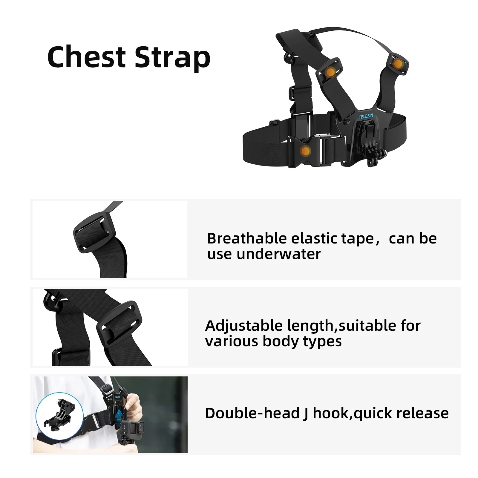 TELESIN Chest Strap Mount Head Belt Adjustable Headband Harness for Gopro 13 12 11 10 DJI Action 3 4 5 Insta360 Ace Pro Camera