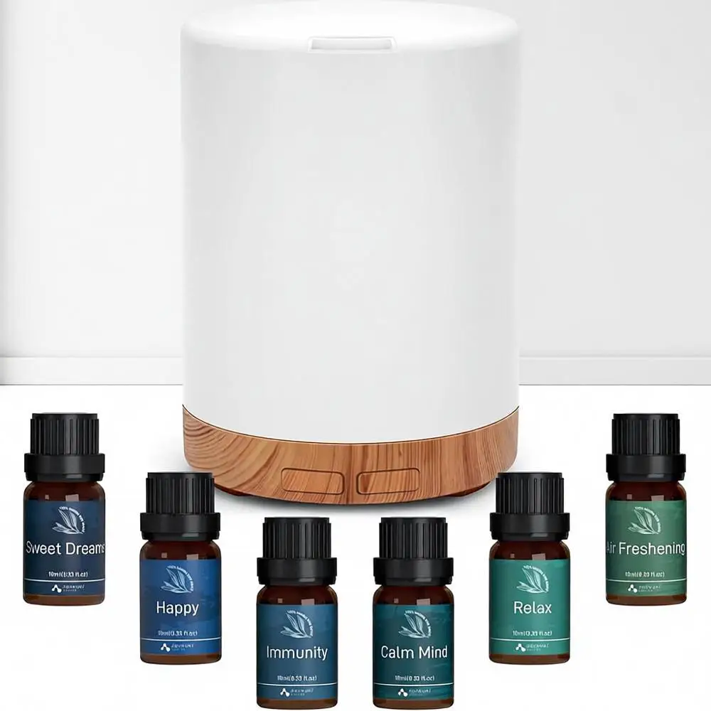 

Аромадиффузор для дома с функцией холодного тумана, 7 светодиодами с изменяющимися цветами, автоматическим отключением, набором из 6 эфирных масел, 300 мл (коричневый)