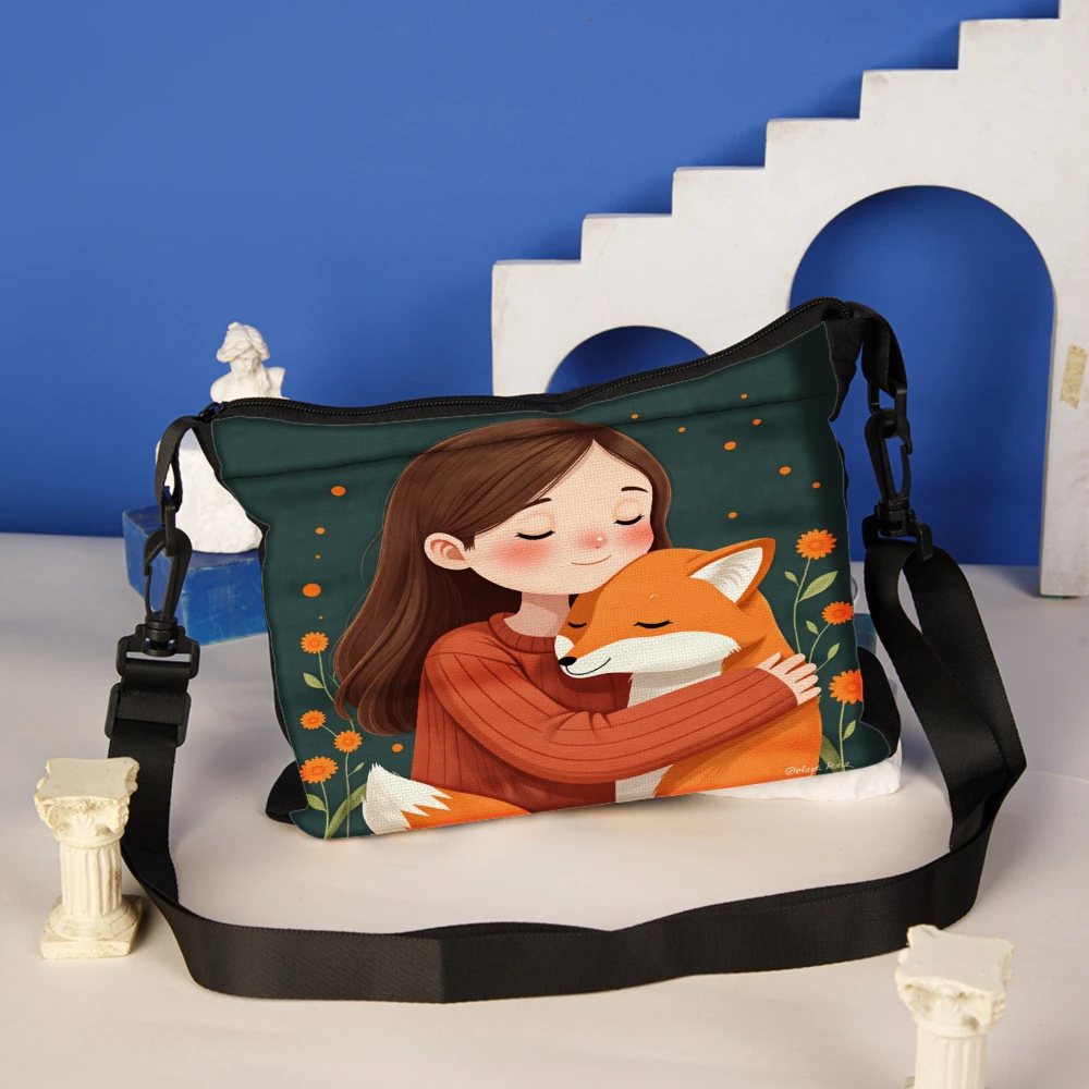 Women's Crossbody Bag Black Cute Girl Hugging Fox Floral Pattern Shoulder Bags For Daily Use School Work Travel And Shopping Per