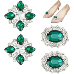 2 Pairs 2 Styles Rhinestone Crystal Green Alloy Shoe Buckles Sparkling Decoration for Women Wedding Bride Party