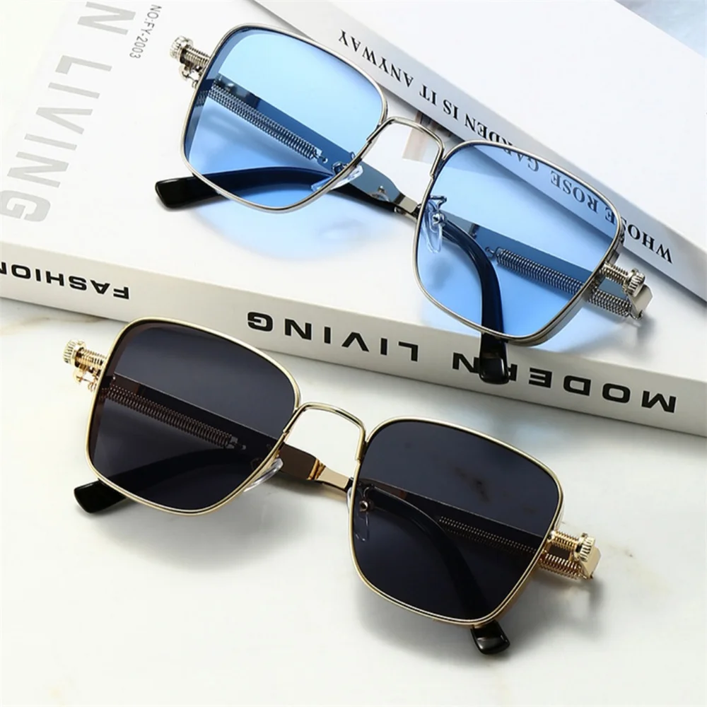 Men Driving Sunglasses Vintage Steampunk Square Sunglasses Metal Frame with Spring Hinges Women Eyepiece Trendy Driver Glasses