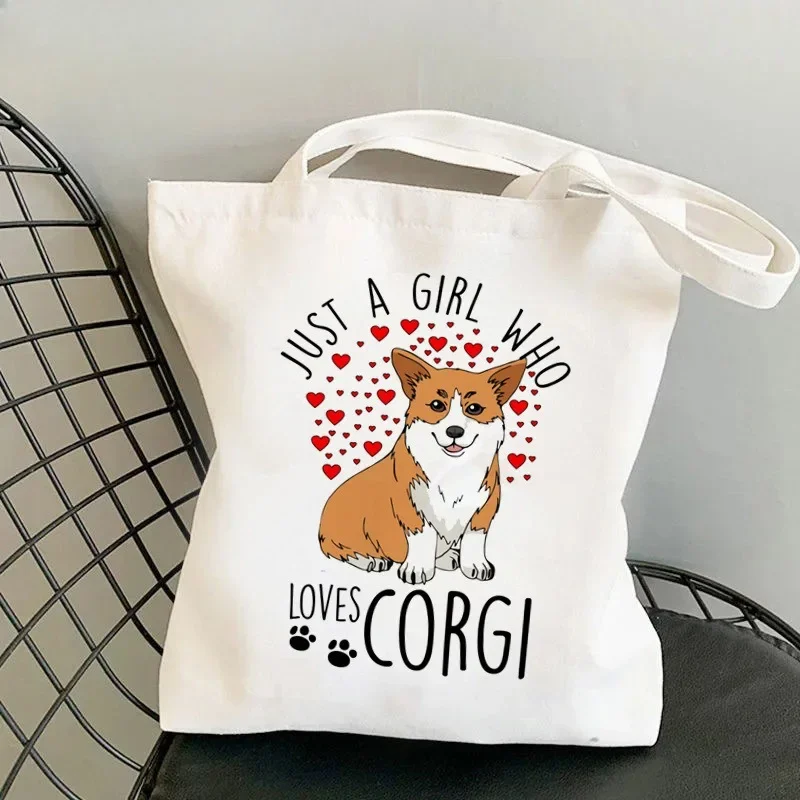 Cute Cartoon Corgi Canvas Tote Bag Harajuku Women Shoulder Bag Large Capacity Shopper Shopping Bag Reusable Ladies White Handbag