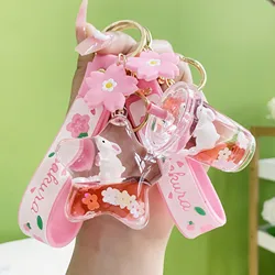 Cute Cartoon Oil Liquid Glitter Flower Rabbit Quicksand Keyring Acrylic Milk Tea Cup Keychain Bag Car Pendant Women Girl Gift