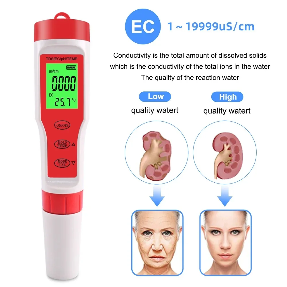 4 IN 1 TDS PH Meter PH/TDS/EC/Temperature Meter Digital Water Quality Monitor Tester for Pools Drinking Water Aquariums 19999PPM