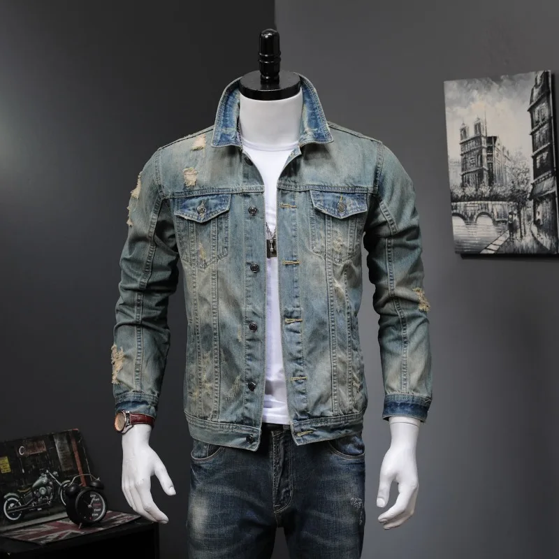 

Spring and Autumn Retro Ripped and Handsome Denim Jacket Men's Slim Fit Long Sleeve Coat Fashion Denim Coat Distress Top