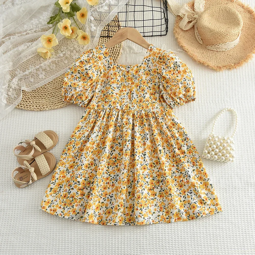 Summer New Korean Version Girl Flower Print Square Neck Bubble Sleeve Princess Dress Party Birthday Children's Casual Clothes image 4
