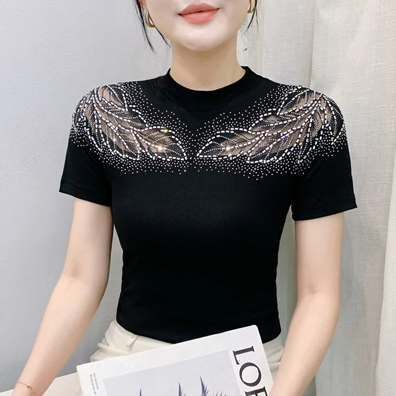 M-3XL New 2025 Summer Short Sleeved O-Neck Women's T-Shirt Fashion Sexy Hollow Out Hot Diamond Black Mesh Tees Tops