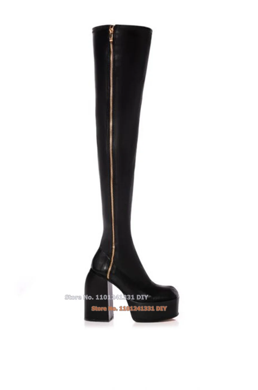 Over The Knee Pu Boot In Black Superior Thigh High Thick Platform Ultra Chunky Heeled Squared Toe Stretchy Zipper Long Boot