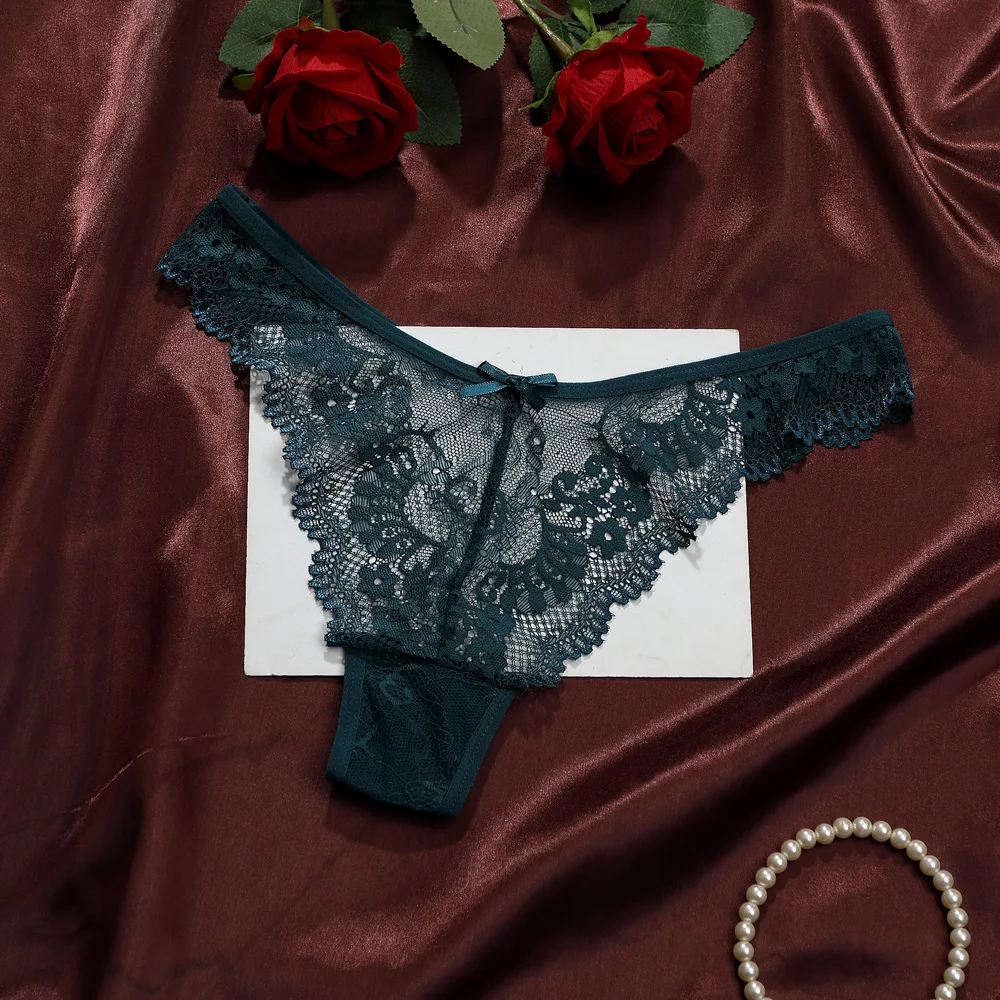 Sexy Lace Trim Thongs Women's Hollow Out Translucent Ventilate Underwear Low Waist Butterfly Knot Solid Panty