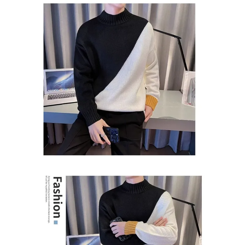 Korean Style Half Turtleneck Contrasting Color Sweater for Men Autumn Winter Splicing Thickened Pullover Bottoming Knitted Top