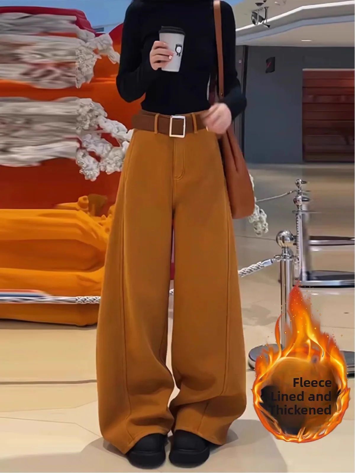 

Orange Fce Lined Wide Leg Jeans Women's Loose Straight Cut Faionable Winter 2025 New Sle High Waist ket Detail
