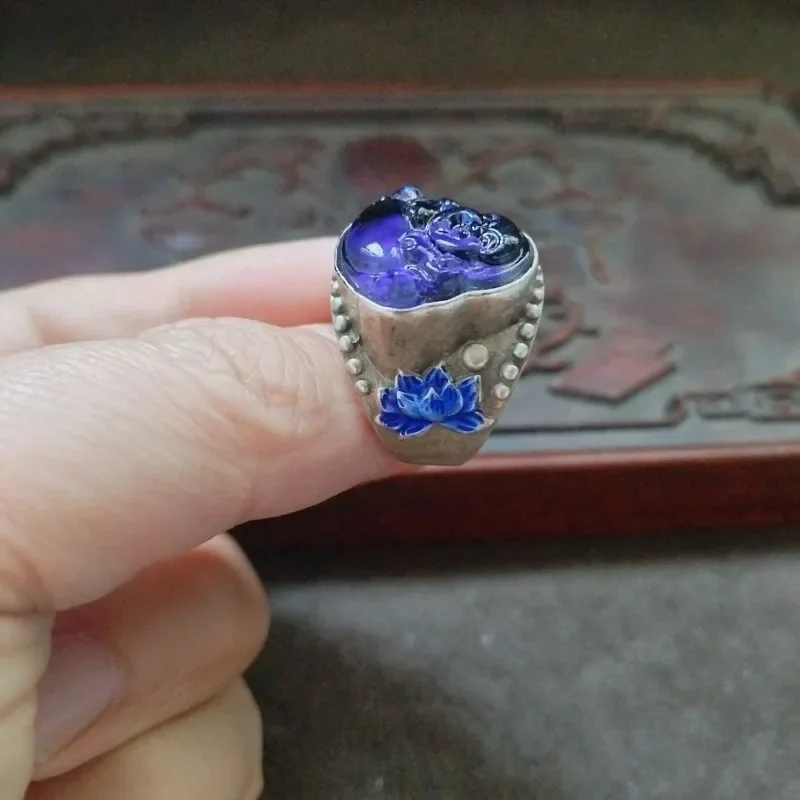 Vintage Old Silver Patina Cloisonne Thermochromic Gem Maitreya Buddha Ring, Adjustable Unisex Retro Statement Jewelry