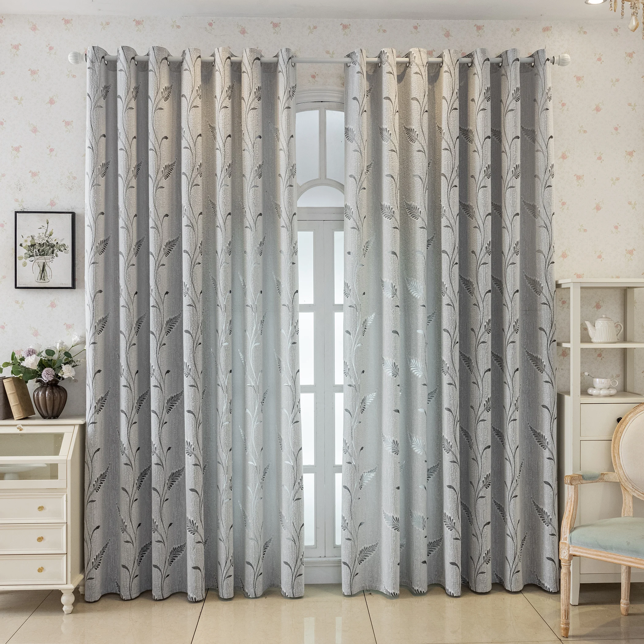 Elegant Leaf Jacquard Curtains For Living Room Bedroom Light Grey Privacy Protection Translucent Window Drapes