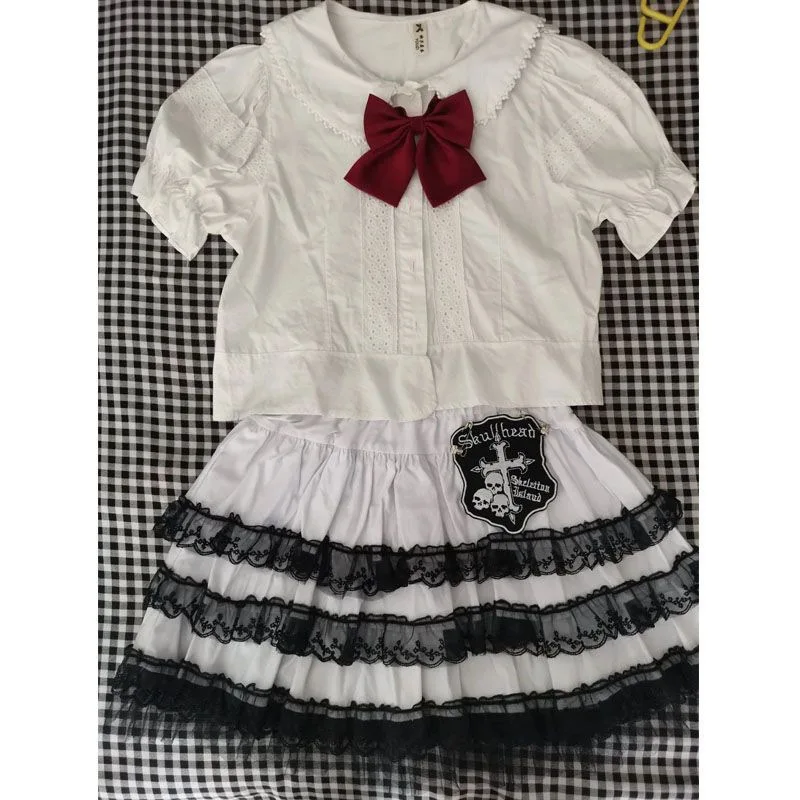 Gaun anak perempuan bumbu milenium Y2k baru 2024 rok putih Punk Harajuku Jepang musim panas gaun kue Skeleton desain renda