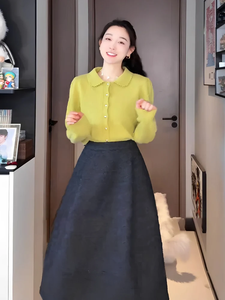 

Женский вязаный кардиган OUDOEE, весна 2026, новинка, маленький размер, с отложным воротником, повседневный свободный крой, длинный рукав