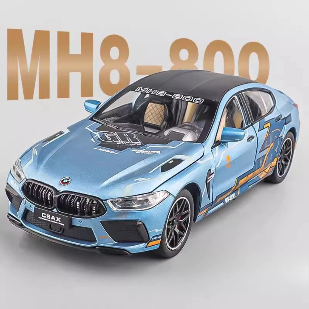 1:24 BMW M8 Miniature Sports Car Model Toys Alloy Diecast Sound Light Doors Opened Pull Back Shock Absorption Vehicles Kids Gift