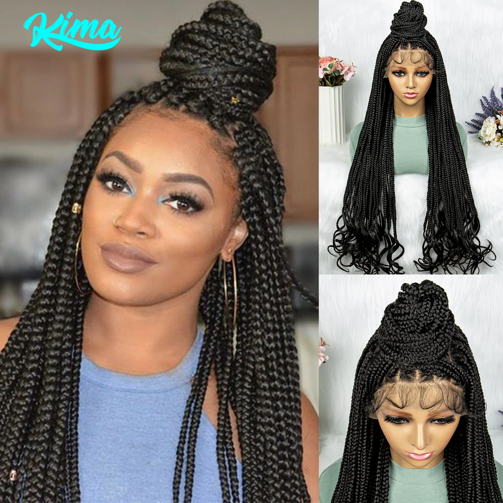 Synthetic Box Braided Wig With Bun Lace Front Long Braiding Hair Wavy Ends Knotless Braids Wig For Black Women