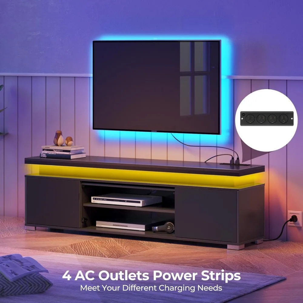 The TV cabinet is equipped with power sockets and LED lights, a TV table, a universal gaming LED TV media cabinet