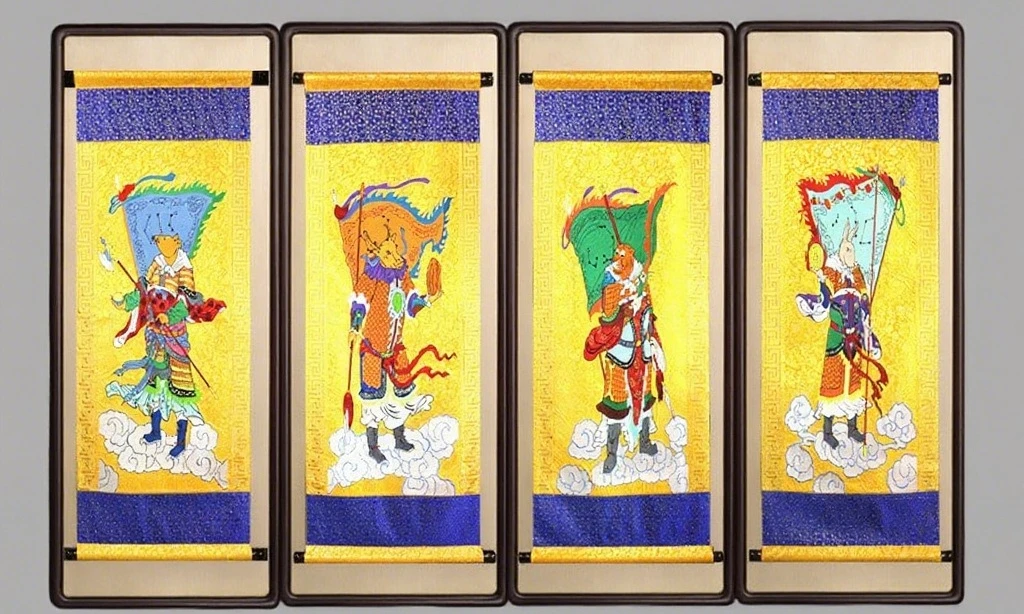 Folk zodiac portraits, embroidery, Xiantang decoration method will use hanging flags