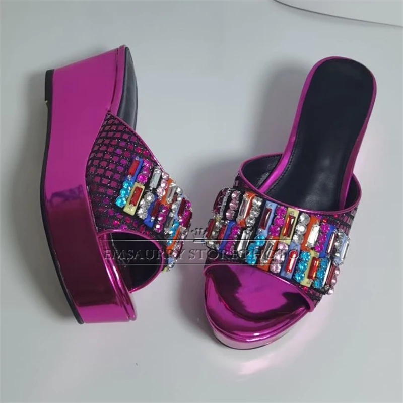 Colorful Rhinestone Diamond Decor Women Sandals High Platform Wedges Luxury Patent Leather Slingbacks Summer Mules