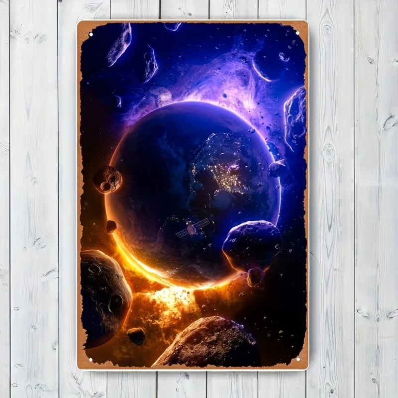 Retro Space-Themed Metal Tinplate Wall Art, - Vibrant Planets and Nebulae Design, Classic Iron Plaque for Home, Bar, Cafe, Gara