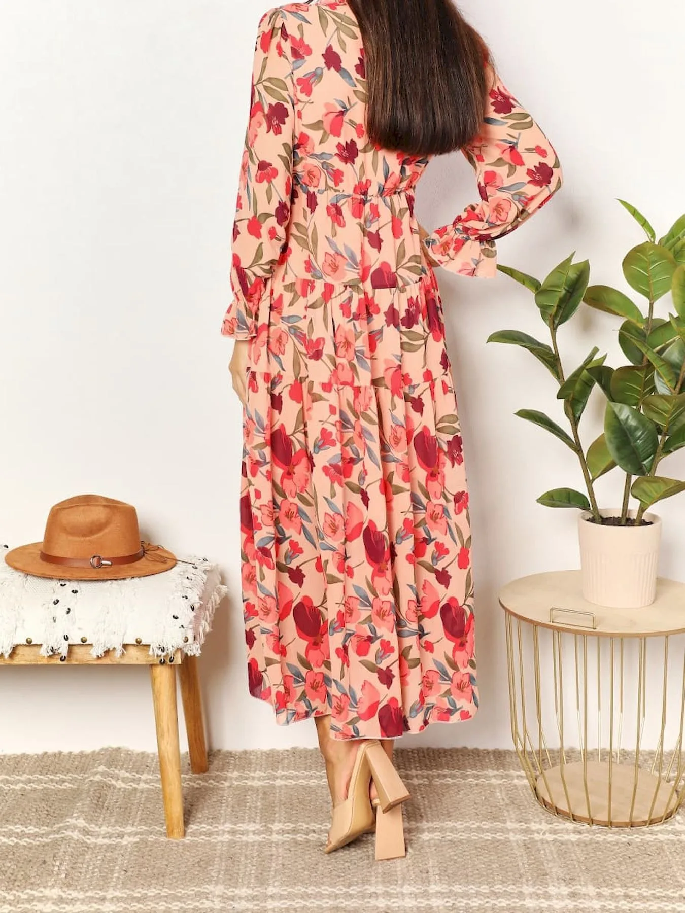 Elegantes Blumenmuster Damen Sommer Casual Rüschen Mehrlagiges Langarm V-Ausschnitt A-Linien Langes Maxi Party Loses Boho-Kleid – Detail 14