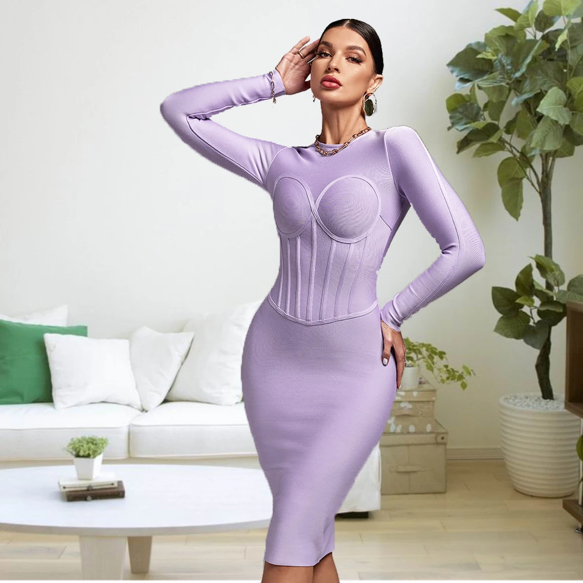 

HQBORY 2024 winter Women mid-length Bandage dress light purple ladies Long sleeve elegant O-neck Party Dresses Bodycon