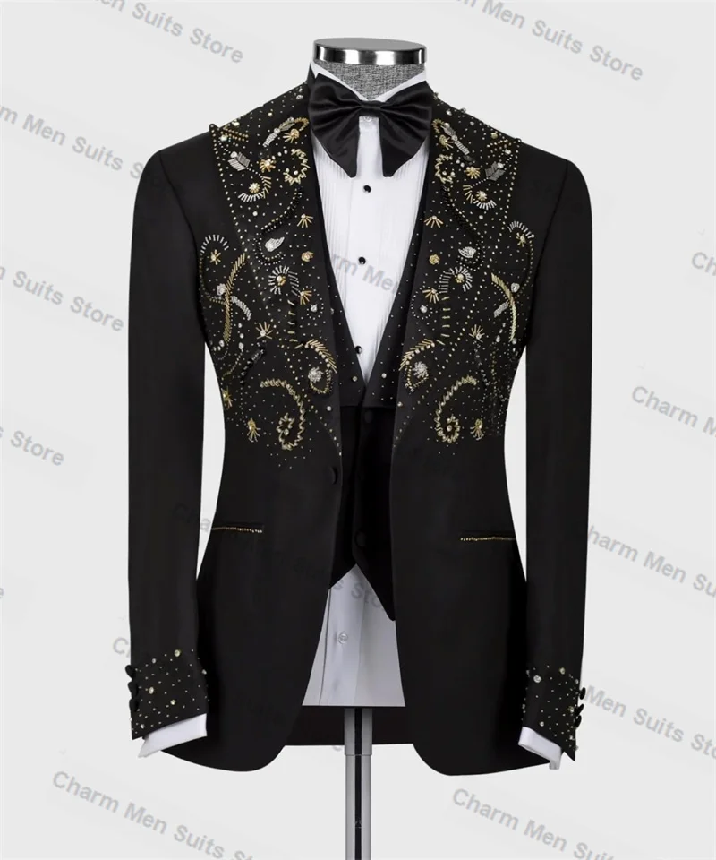 

Luxury Crystals Men Suits Set 2 Piece Blazer+Pant Customized Cotton Wedding Tuxedo Formal Office Cotton Prom Jacket Trousers