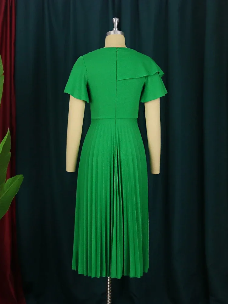 A Line Pleated Midi Dresses for Women Green Slash Neck Short Sleeve High Waist Causal Office Lady Church Party Gowns Outfits