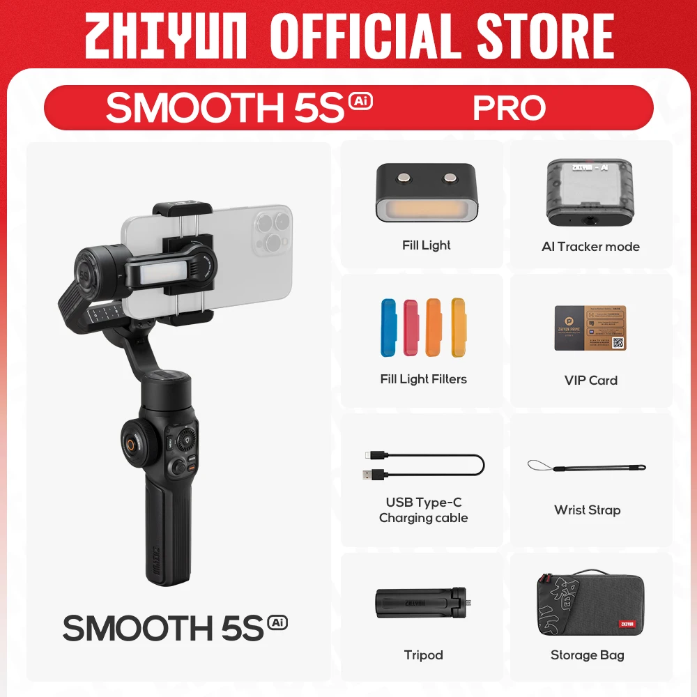 【未開封】SMOOTH 5S PRO スマートフォンスタビライザー ZHIYUN 公式 SMOOTH 5S AI トラッキングハンドヘルドスタビライザー 3