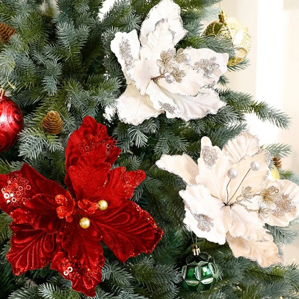 Flower Head Artificial Christmas Flowers Handmade Multi-color Simulated Christmas Flower DIY Glitter Xmas Tree Ornaments