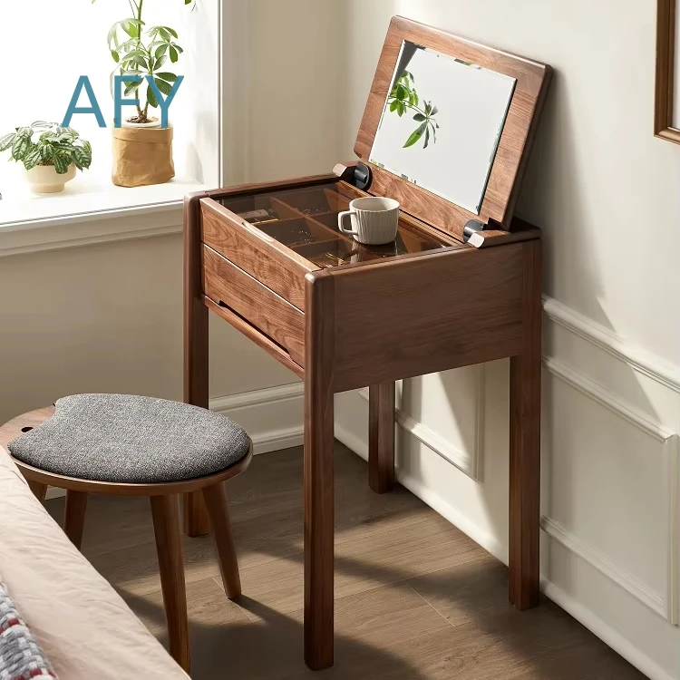 Nordic Style Solid Black Walnut Wood Vanity Dressing Table for Bedroom for IKEA for MUJI for West Elm for Zara Home for