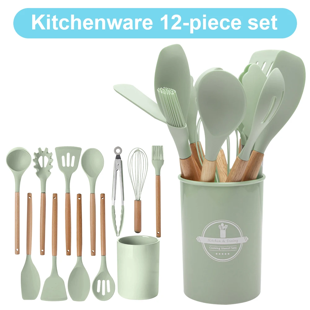 

12Pcs Kitchen Utensil Set Silicone Spatula Set Wooden Handle Heat-Resistant Cookware Spatula Spoon Brush Cooking Tool Set